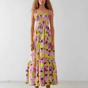 Delfi Fiona Floral Yellow Pink Smocked Tiered Maxi Dress Size XS